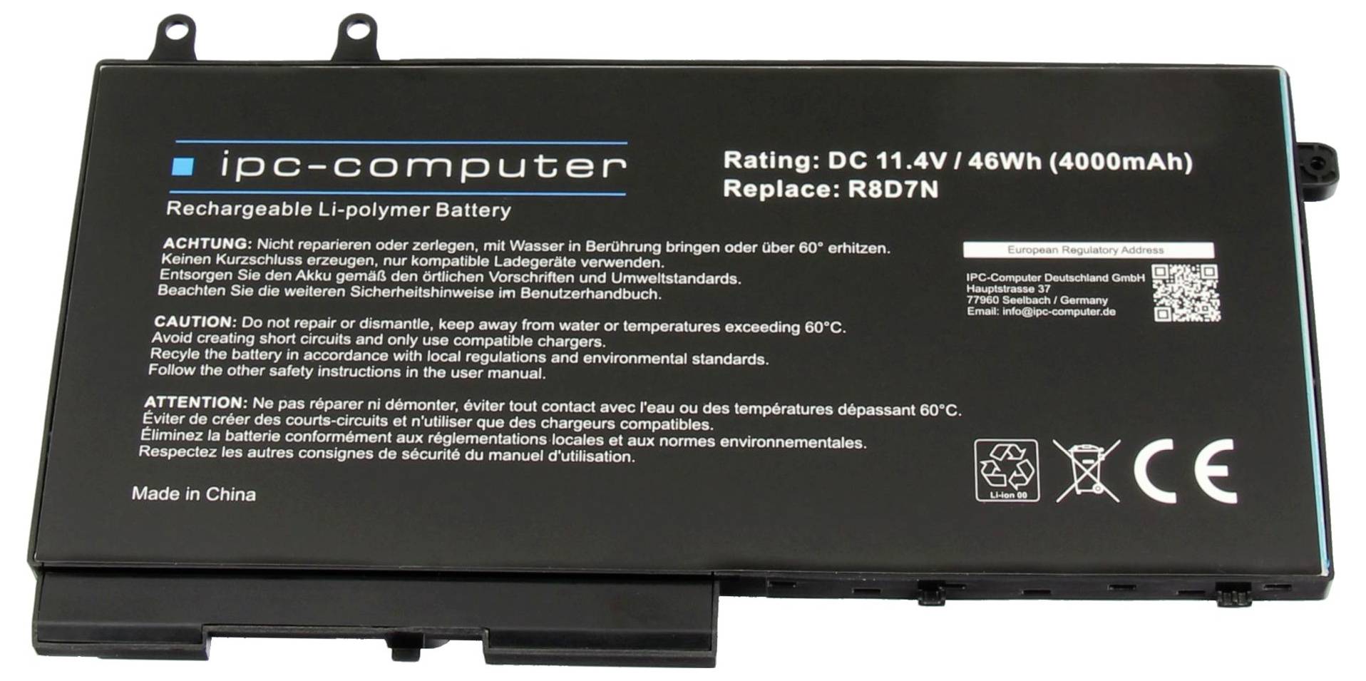 Frontansicht einer Lithium-Polymer-Laptop-Batterie mit Markenlogo, Modellnummer R8D7N, 11,4V, 46Wh (4000mAh), mit Sicherheitshinweisen.