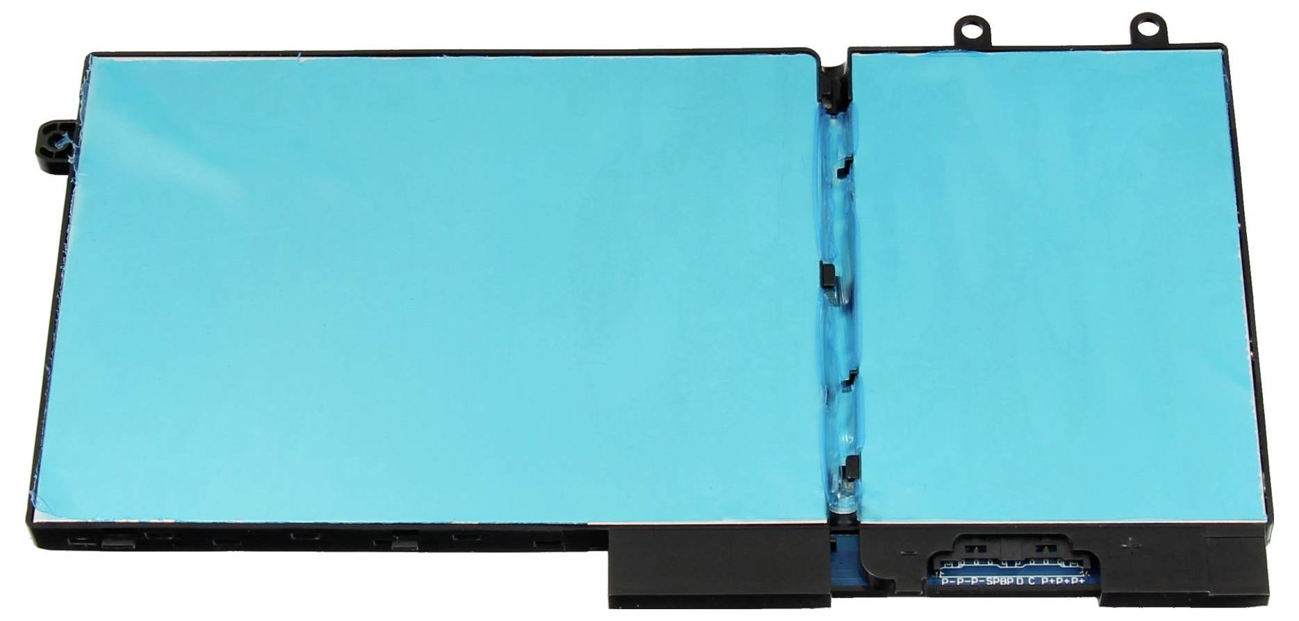 Ein geöffneter Laptop-Akku mit blauer Schutzabdeckung, der die einzelnen Zellen und den Anschlussbereich auf der rechten Seite zeigt.