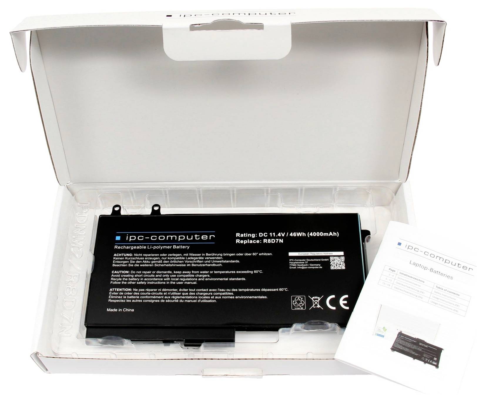 Ein Lithium-Polymer-Akku in einer Box neben einem Beipackzettel von 'ipd-computer', gekennzeichnet mit 11,4V, 48Wh, 4000mAh, Modell RB07N.