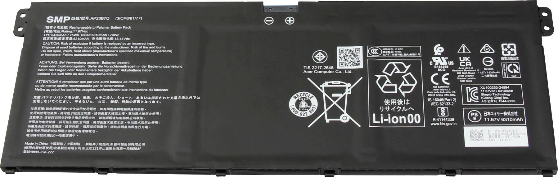 Eine rechteckige Lithium-Ionen-Batterie mit Etiketten und Symbolen, die Recycling- und Sicherheitsanweisungen in mehreren Sprachen anzeigen.