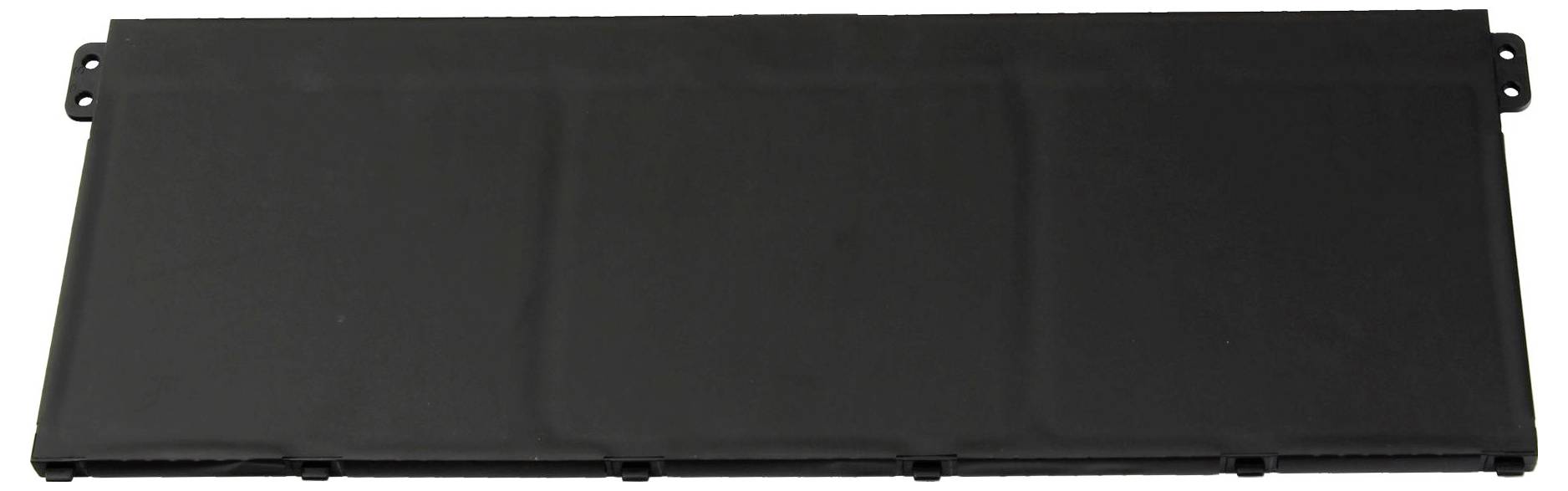 Eine rechteckige schwarze Metallplatte, wahrscheinlich eine Abdeckung oder ein Panel mit Löchern zur Befestigung.