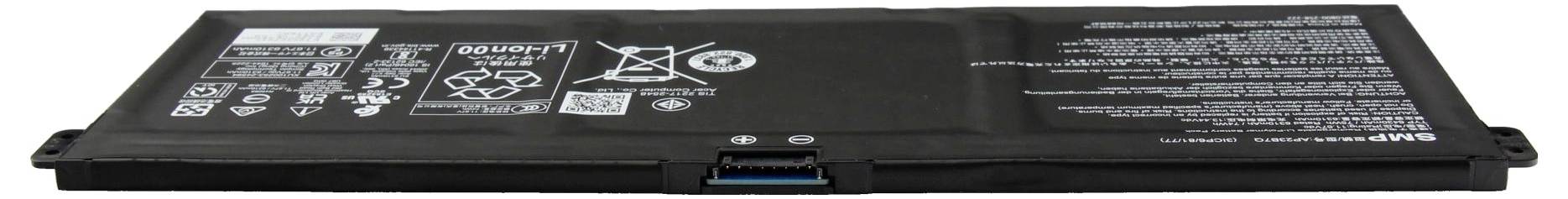 Eine rechteckige Lithium-Ionen-Batterie mit verschiedenen Sicherheits- und Recycling-Symbolen auf ihrer Oberfläche, die für elektronische Geräte konzipiert ist.