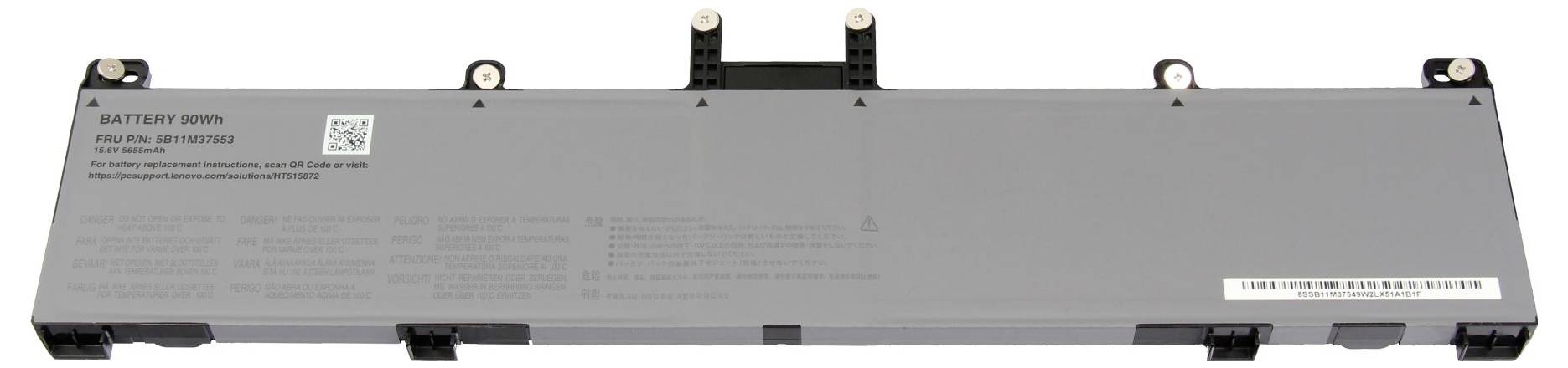 Ein grauer Laptop-Akku mit mehreren Anschlüssen, beschriftet mit ‚BATTERY 80Wh' und zusätzlichen aufgedruckten Details.