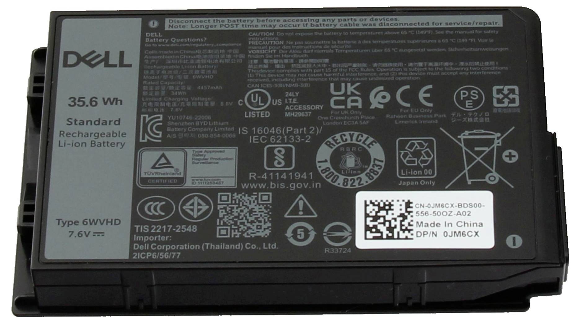 Dell-Akku mit Lithium-Ionen-Technologie, 35,6 Wh, 7,6V, Modell 6WVH, mit Konformitätskennzeichen und regulatorischen Informationen.