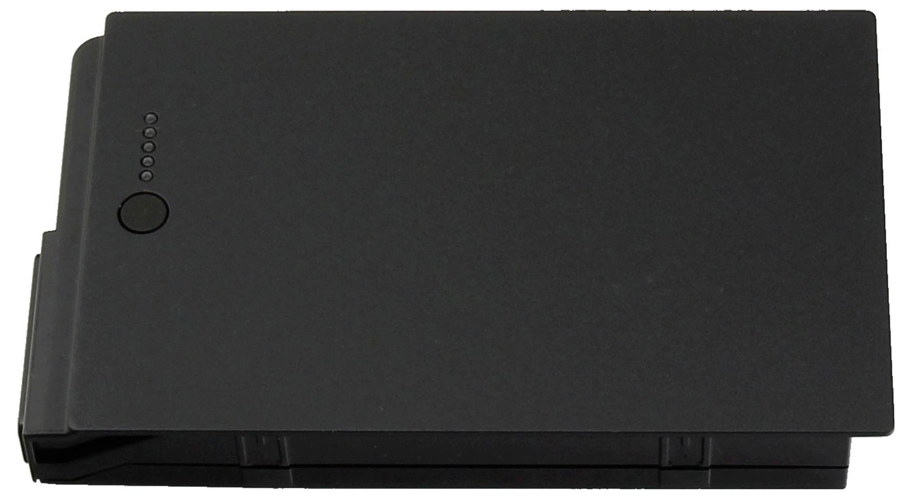 Ein schwarzer Laptop-Akku mit fünf Indikatorleuchten und einem kreisförmigen Knopf, typisch für tragbare Computerstromquellen.