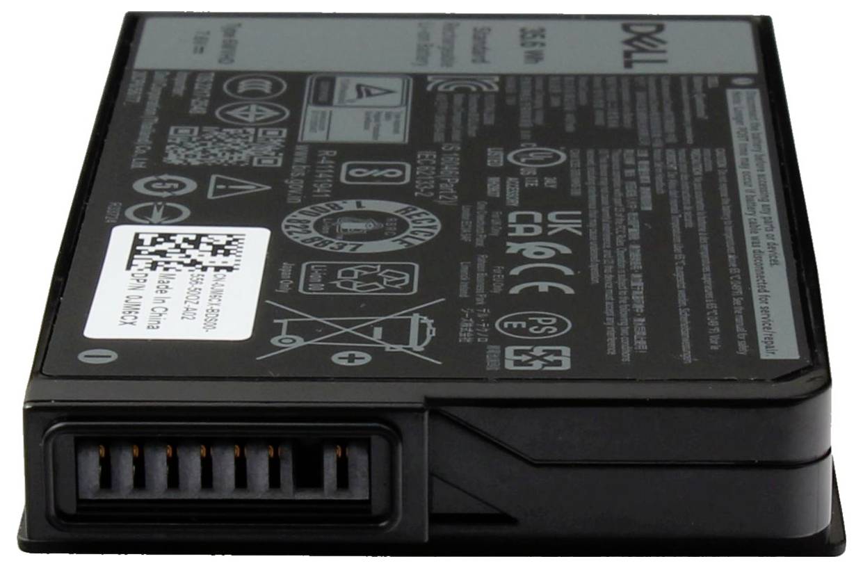 Ein schwarzes wiederaufladbares Batteriepack mit verschiedenen Sicherheits- und Zertifizierungssymbolen auf der Oberseite und sichtbaren silbernen Anschlusspins an einer Seite.