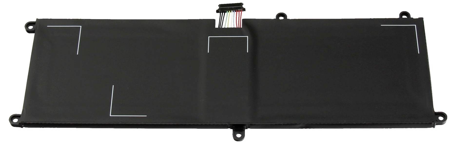 Ein flaches, rechteckiges, schwarzes Batteriepack mit sichtbaren Leitungen in der oberen Mitte, entwickelt für elektronische Geräte.