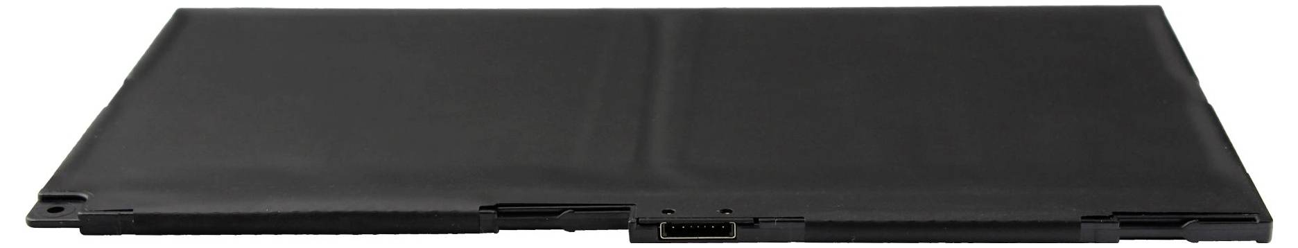 Ein schlanker, rechteckiger schwarzer Laptop-Akku mit sichtbarem Anschlussport an der Seite.