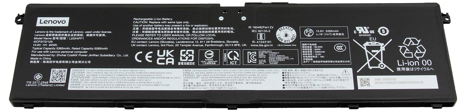 Lenovo-Lithium-Ionen-Akku zum Aufladen, Modell L18C4PF4, 15,36V, 52,5Wh, 3430mAh, für Laptops. Sicherheitssymbole und Regulierungsetiketten sichtbar.
