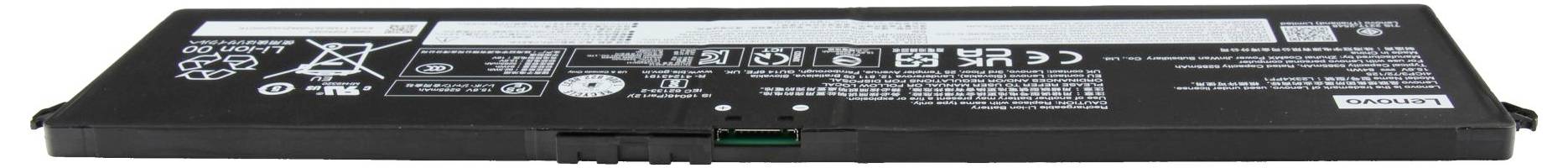 Eine rechteckige schwarze Laptop-Batterie mit weißer Schrift und Symbolen, die Sicherheits- und Recyclinginformationen auf ihrem Etikett zeigt.