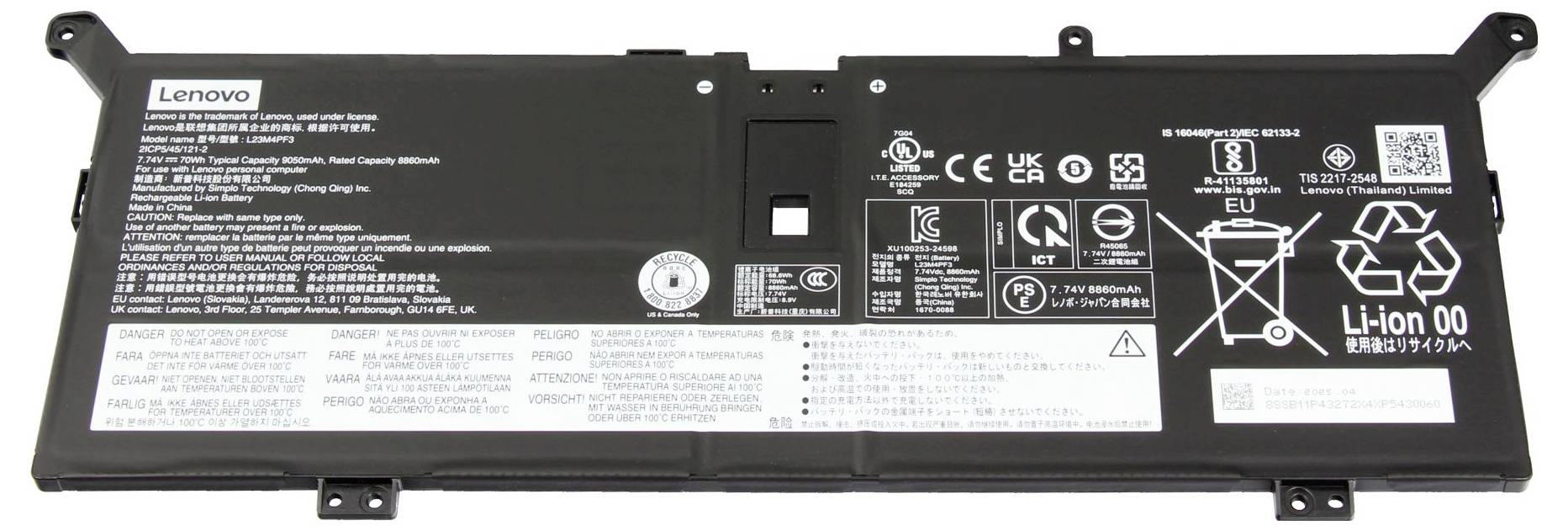 Laptop-Akku mit Etikett, das Spezifikationen, Sicherheitssymbole und Recyclinginformationen anzeigt.