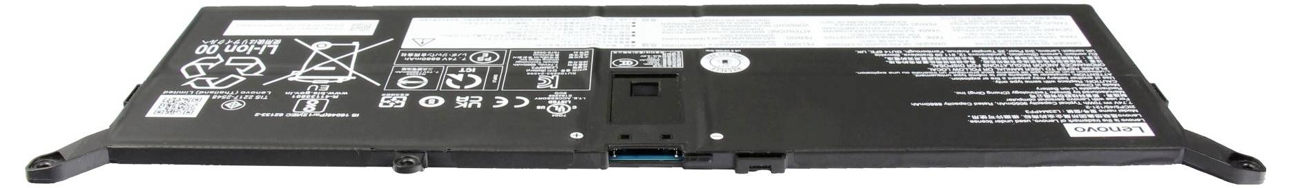 Eine Lithium-Ionen-Laptop-Batterie mit technischen Spezifikationen und Sicherheitssymbolen auf der Oberfläche.
