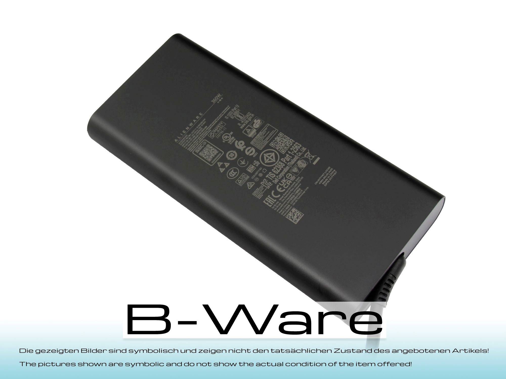 'B-Ware' mit einem Bild eines Netzadapters, das Sicherheitssymbole und technische Spezifikationen zeigt und darauf hinweist, dass es sich um ein gebrauchtes oder Vorführgerät handelt.