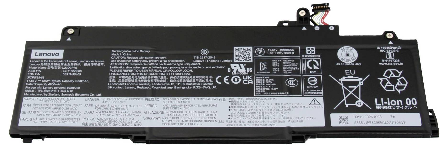 Ein Lenovo Laptop-Akku mit Beschriftung, Modellnummer L16C2PB2, 30Wh Kapazität, 2440mAh, 7,68V. Enthält Recycling- und Sicherheitssymbole.