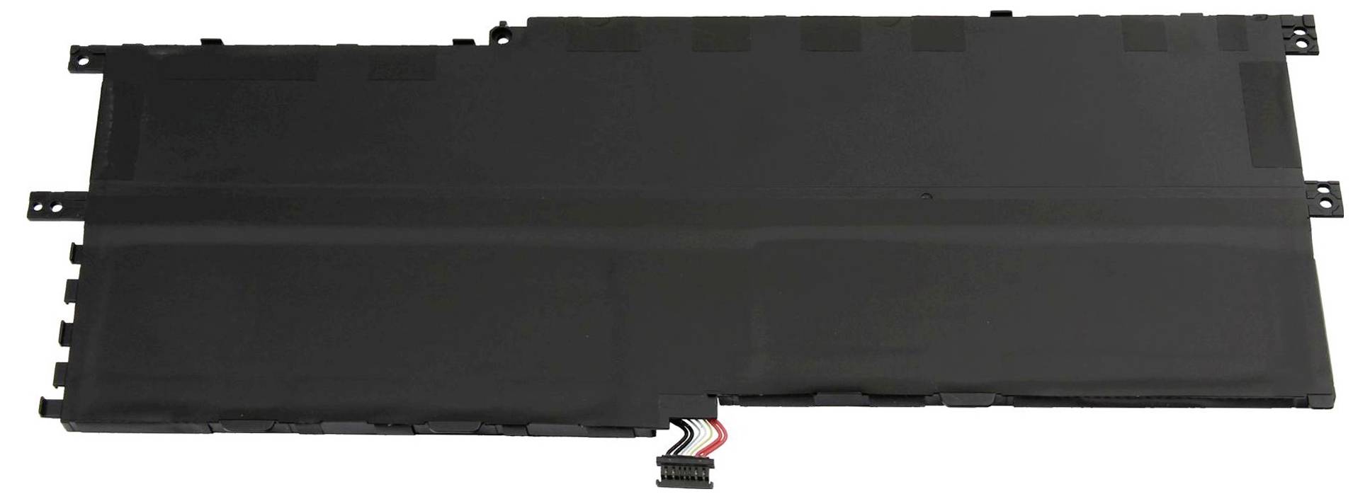 Ein rechteckiger, schwarzer Laptop-Akku mit einem Anschluss und mehreren Drähten in der unteren Mitte. Er scheint ein Ersatzteil zu sein.