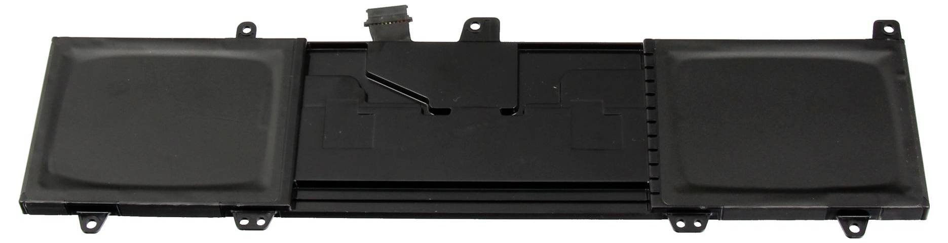 Eine rechteckige schwarze Laptop-Batterie mit sichtbaren Anschluss-Pins am oberen Ende, die für die interne Installation in einem kompakten Gerät ausgelegt ist.