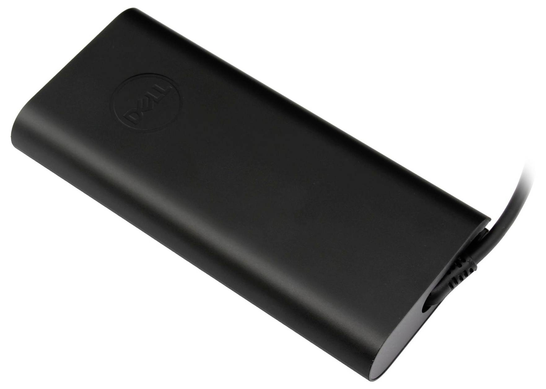 Eine schlanke, schwarze mobile Powerbank mit einem Logo, die mit einem Ladekabel für elektronische Geräte ausgestattet ist.