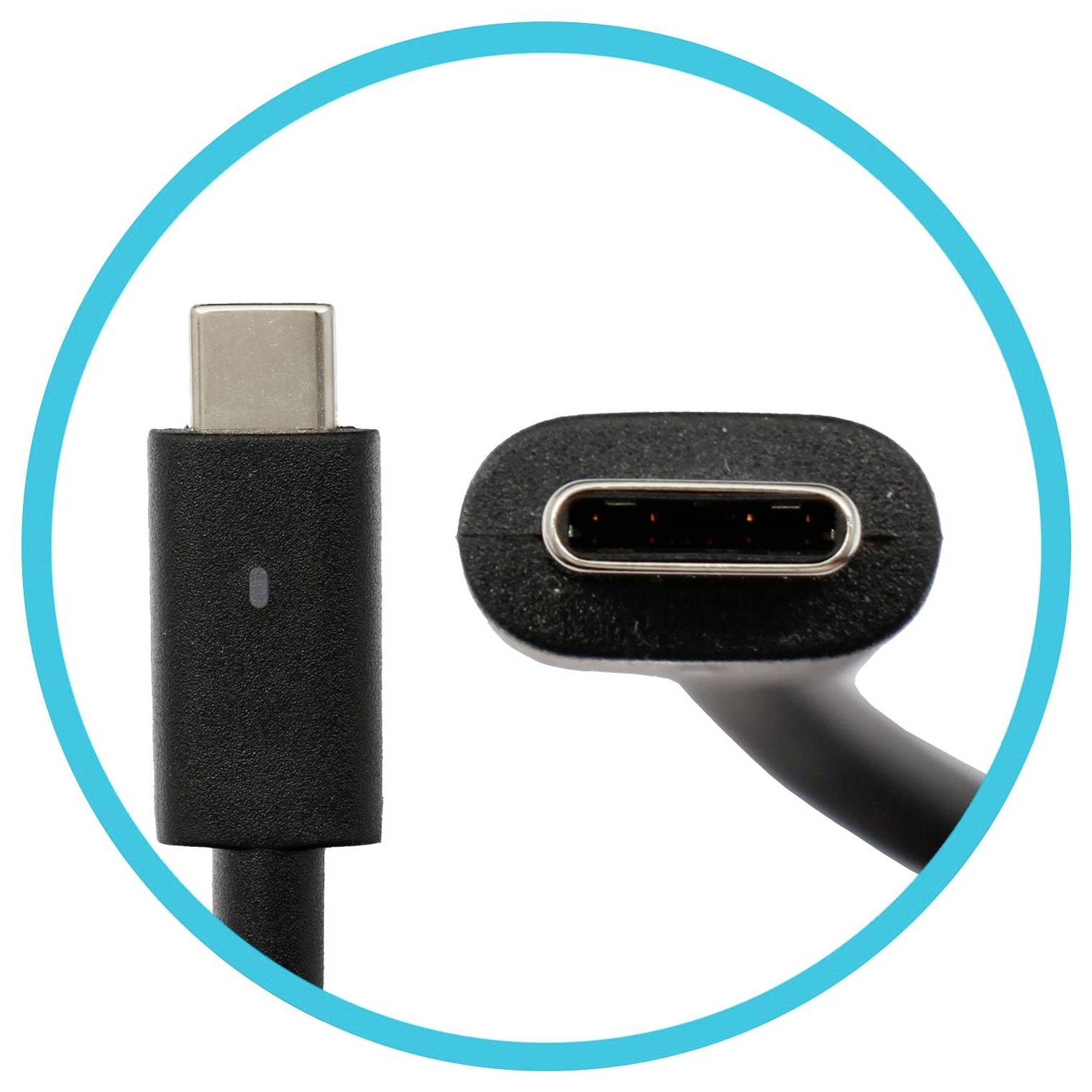 USB-C-Kabelanschluss, gezeigt mit Nahaufnahme des Steckers, der das umkehrbare Design und die schlanke, ovale Form hervorhebt.