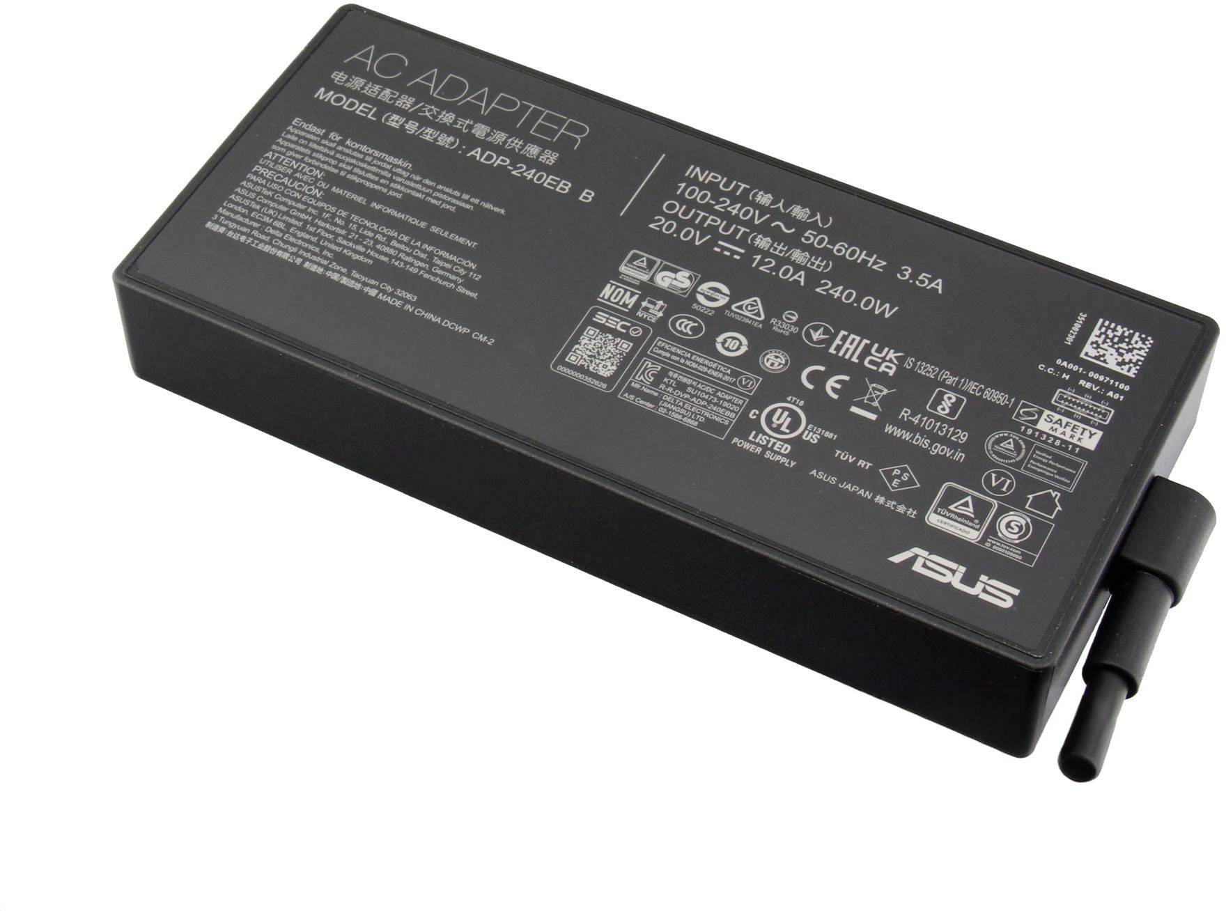 Netzadapter mit Produktdetails, Modell: ADP-240EB B. Eingangsspannung: 100-240V, 50-60Hz, 3,5A. Ausgangsspannung: 12V, 240W. Markensymbol sichtbar.