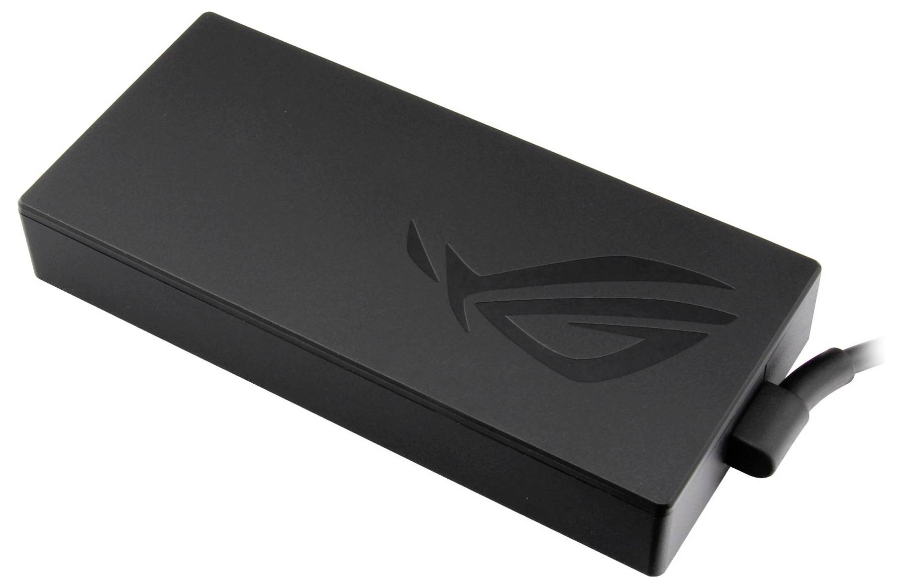 Rechteckiger schwarzer Netzadapter mit einem Logo, Kabel an einer Seite angeschlossen.