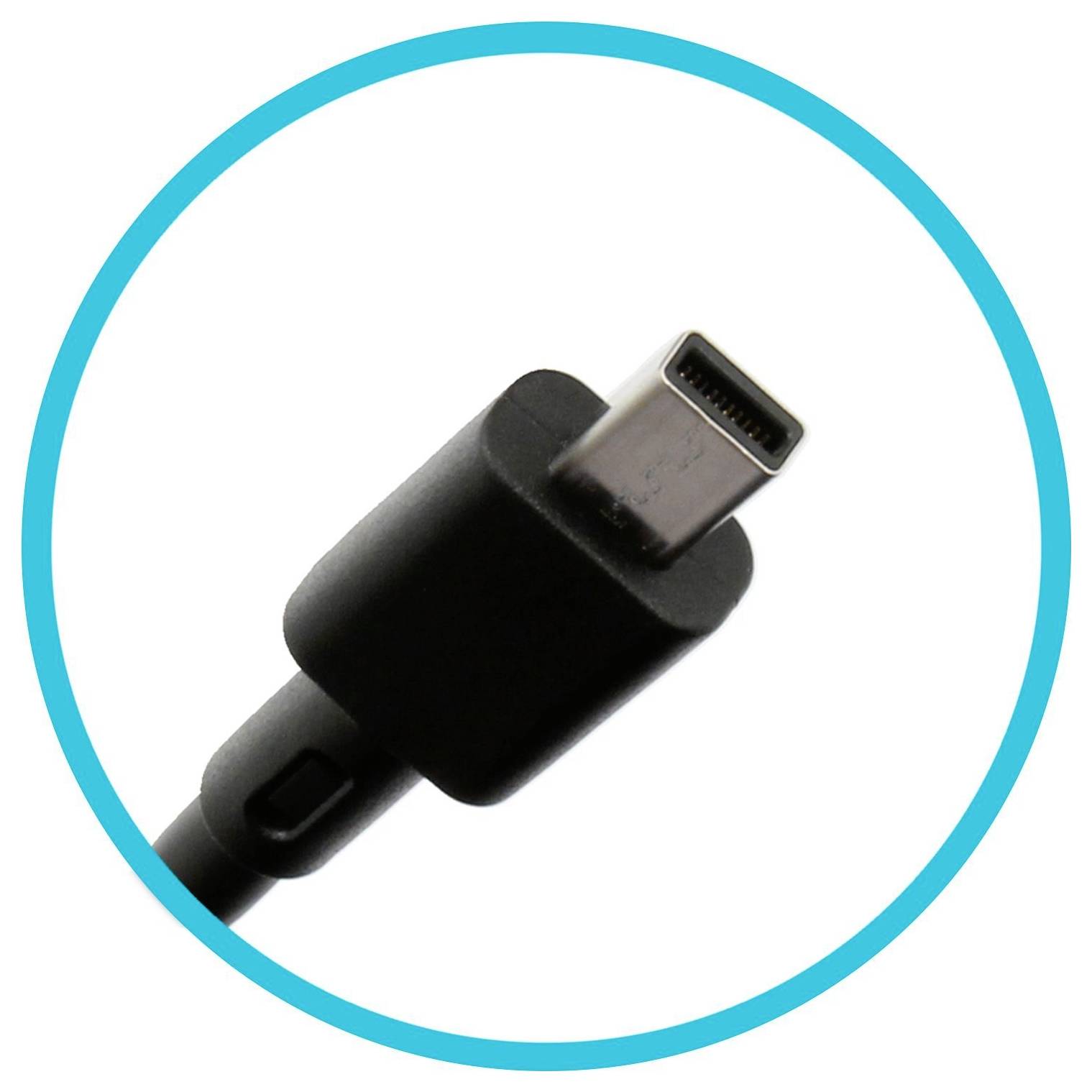 Eine Nahaufnahme eines schwarzen USB-C-Anschlusses in einem blauen Kreis, die einen Fokus auf den Anschlusstyp des Kabels zeigt.