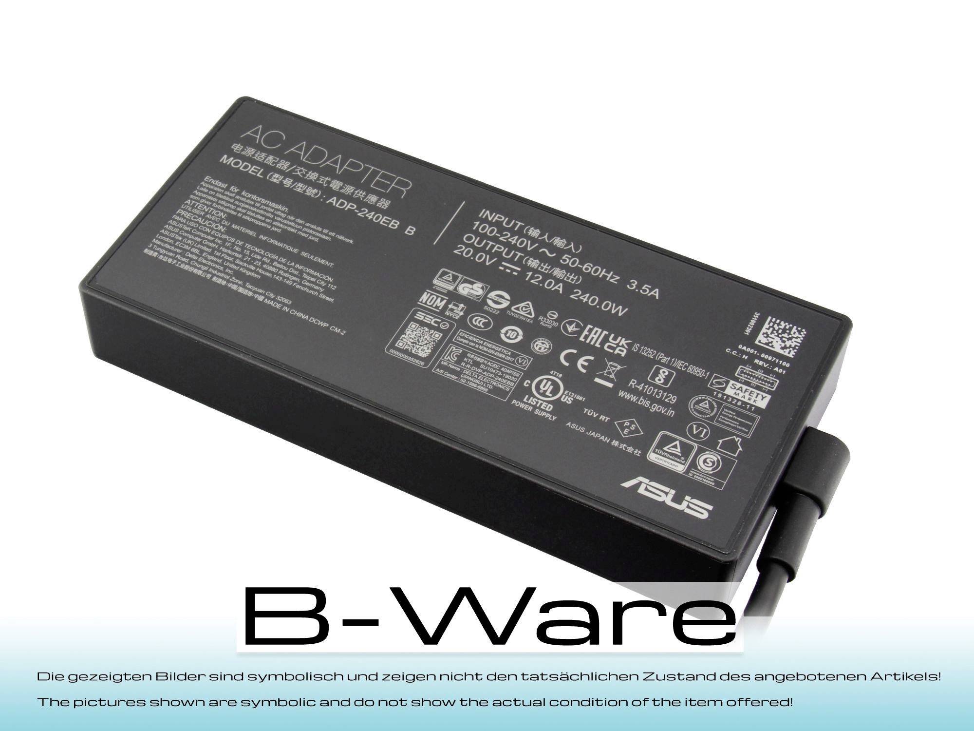 Ein schwarzes ASUS-Laptop-Netzteil mit verschiedenen Symbolen; Modell ADP-240EB B mit Eingangsspannung 100-240V, 50-60Hz und Ausgangsspannung 20V, 12A, 240W.