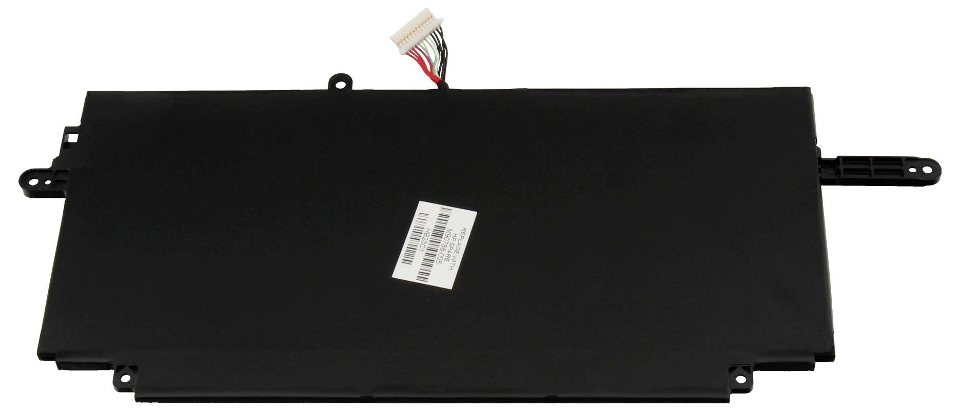 Eine rechteckige, schwarze Laptop-Batterie mit angeschlossenem Drahtanschluss oben; ausgestattet mit einem kleinen Aufkleber, der Produktdetails anzeigt.