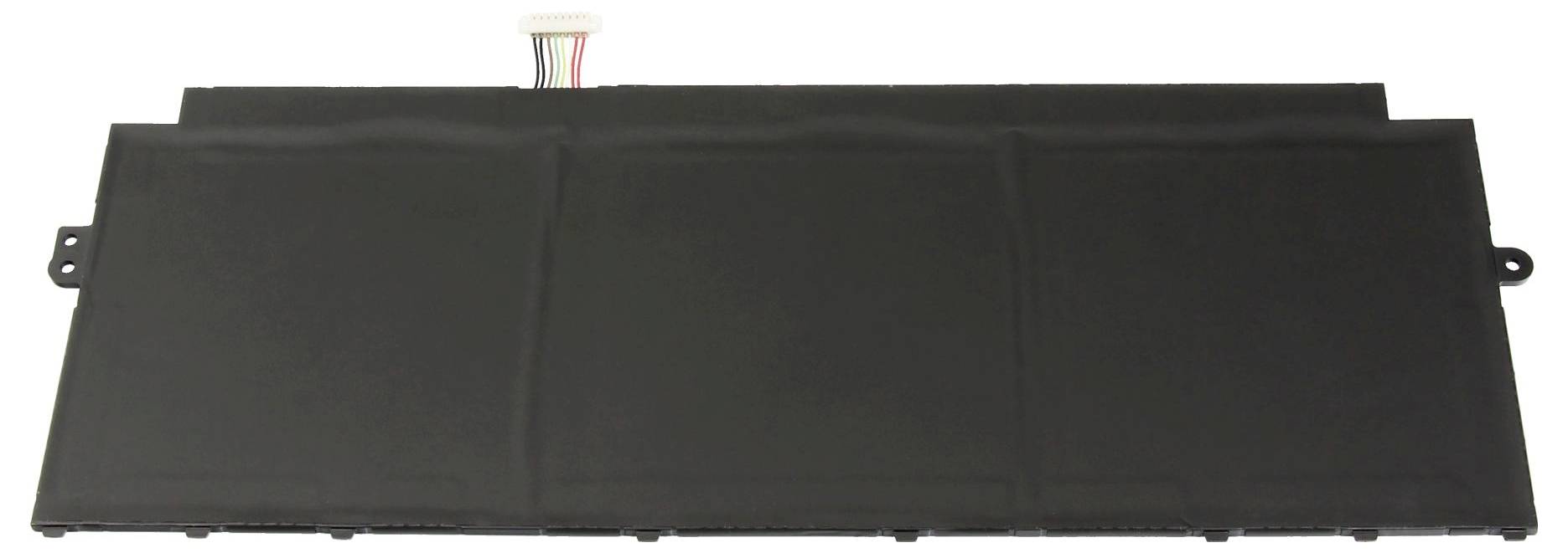 Eine schwarze rechteckige Laptop-Batterie mit einem Drahtanschluss in der Mitte oben.