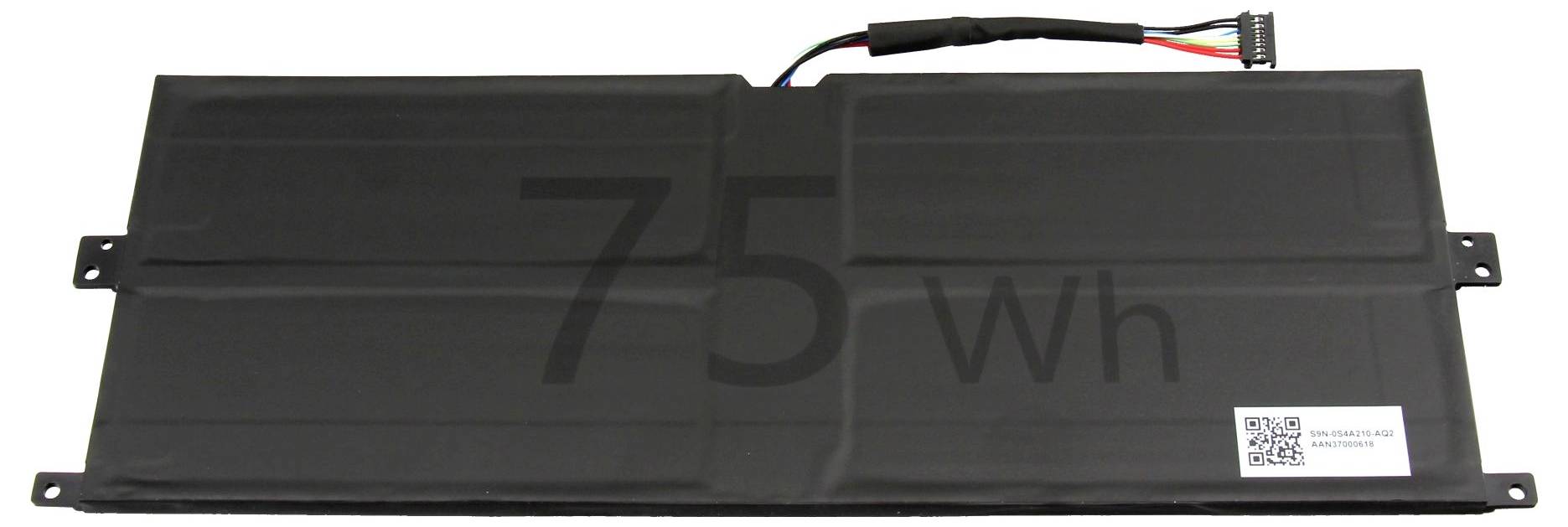 Ein rechteckiger schwarzer Laptop-Akku mit der Aufschrift '75 Wh', versehen mit einem Anschluss und mehreren farbigen Kabeln.