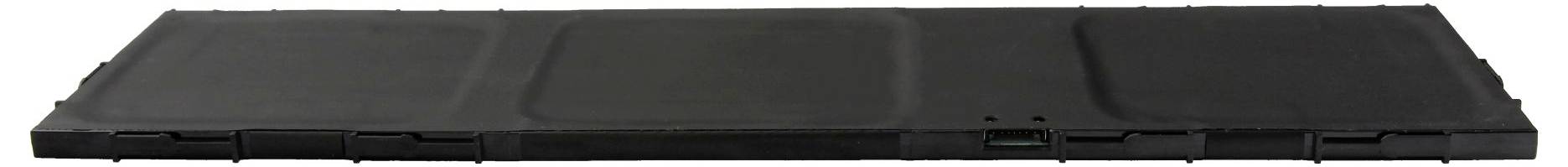 Eine schwarze rechteckige Schachtel oder Ablage mit drei unterteilten Fächern, möglicherweise zur Lagerung oder zum Transport von flachen oder kompakten Gegenständen.