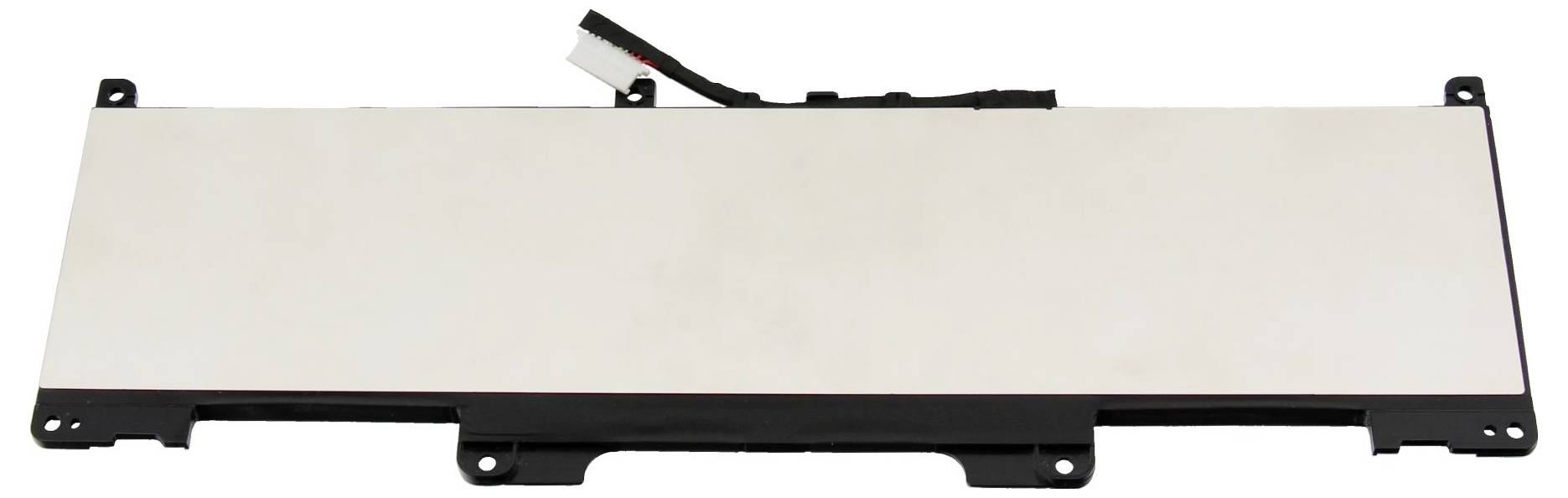 Eine rechteckige Laptop-Batterie mit weißer Oberseite und einem Anschlusskabel am oberen Rand, von oben betrachtet.