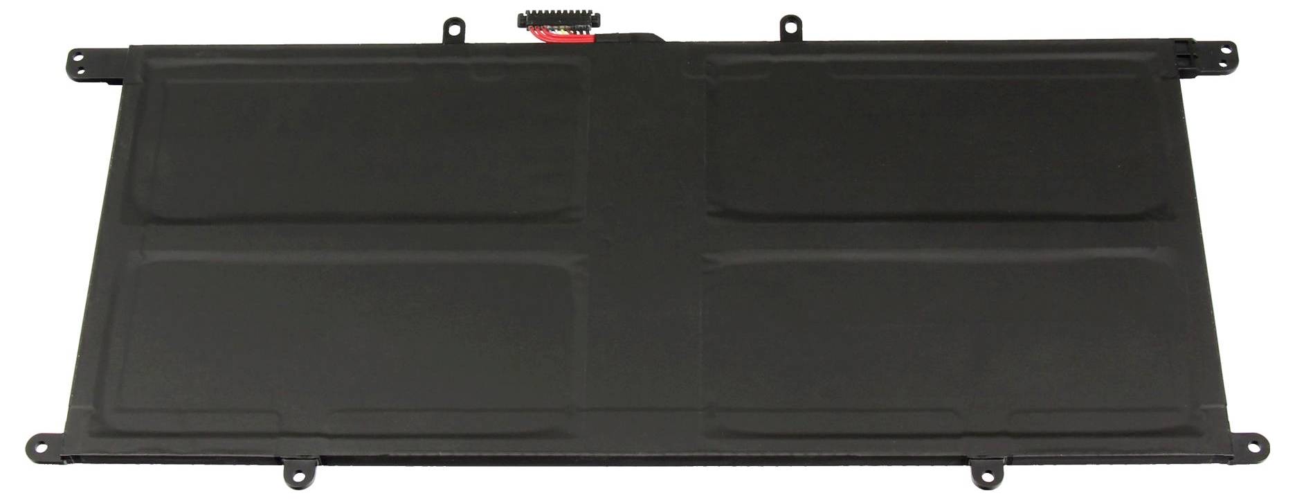 Eine flache, schwarze rechteckige Batterie mit Anschlüssen, entwickelt für den Einsatz in elektronischen Geräten, auf einem weißen Hintergrund dargestellt.