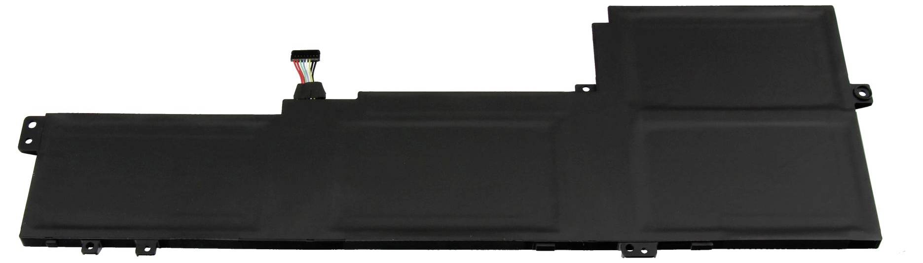 Eine schwarze rechteckige Laptop-Batterie mit mehreren Zellen und einem Anschluss am Ende, zur internen Verwendung konzipiert.