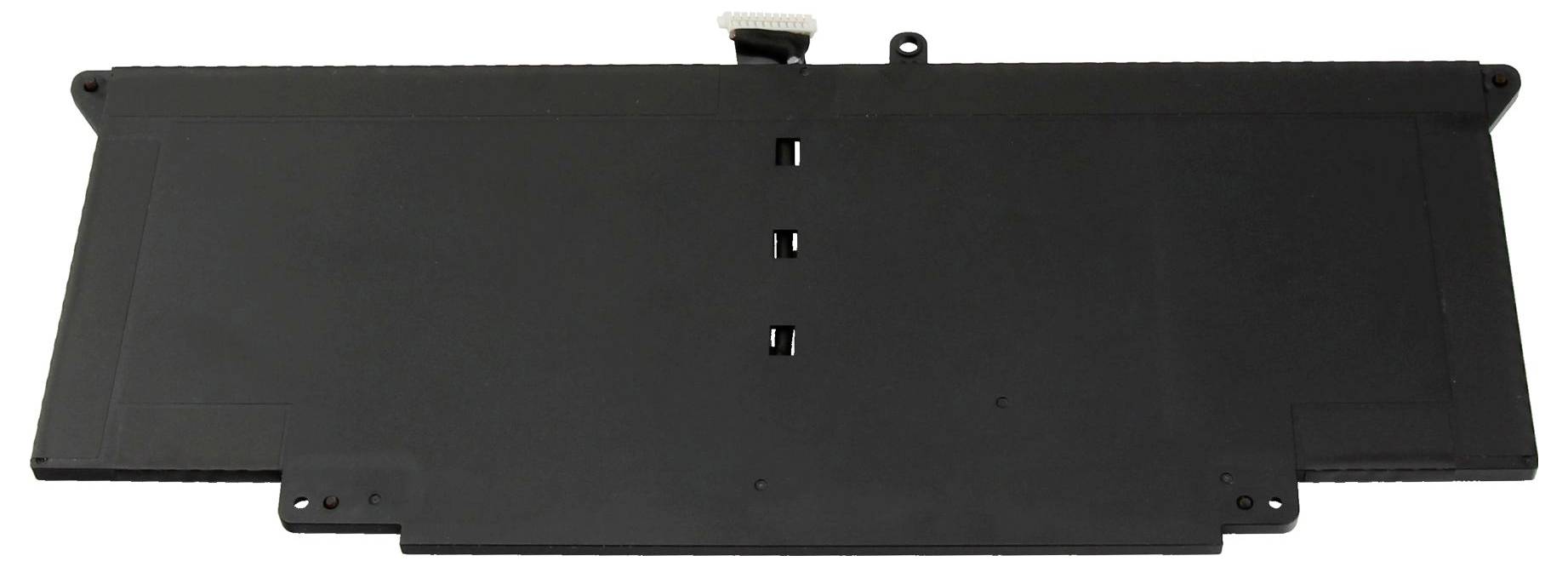 Eine rechteckige schwarze Laptop-Batterie mit Anschluss und Befestigungslöchern oben, die für tragbare Stromversorgung in elektronischen Geräten verwendet wird.