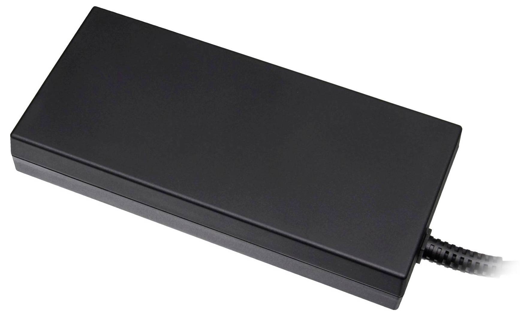 Ein schwarzer rechteckiger Netzteil mit einem seitlich angebrachten Kabel auf der rechten Seite.