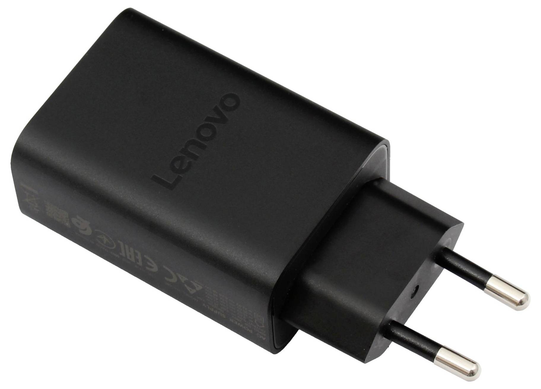 Ein schwarzes Lenovo-Wandladegerät mit zwei runden Stiften für elektrische Steckdosen. Das Ladegerät ist kompakt und für die Verwendung mit kompatiblen Geräten konzipiert.