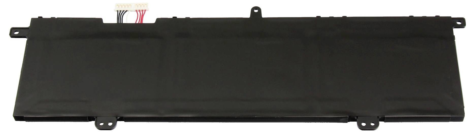 Schwarze rechteckige Laptop-Batterie mit sichtbaren Anschlussdrähten oben links.