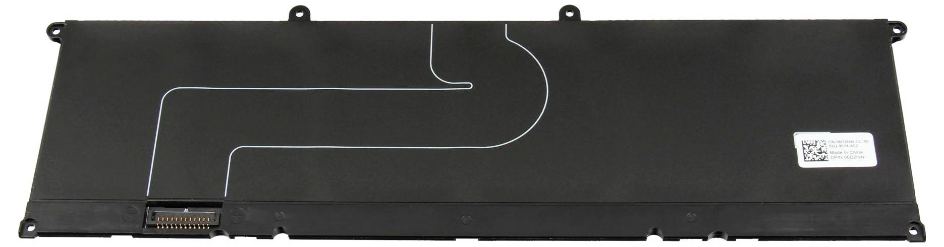 Eine rechteckige schwarze Laptop-Batterie mit einem sichtbaren Anschluss und einem QR-Code-Etikett auf der rechten Seite.