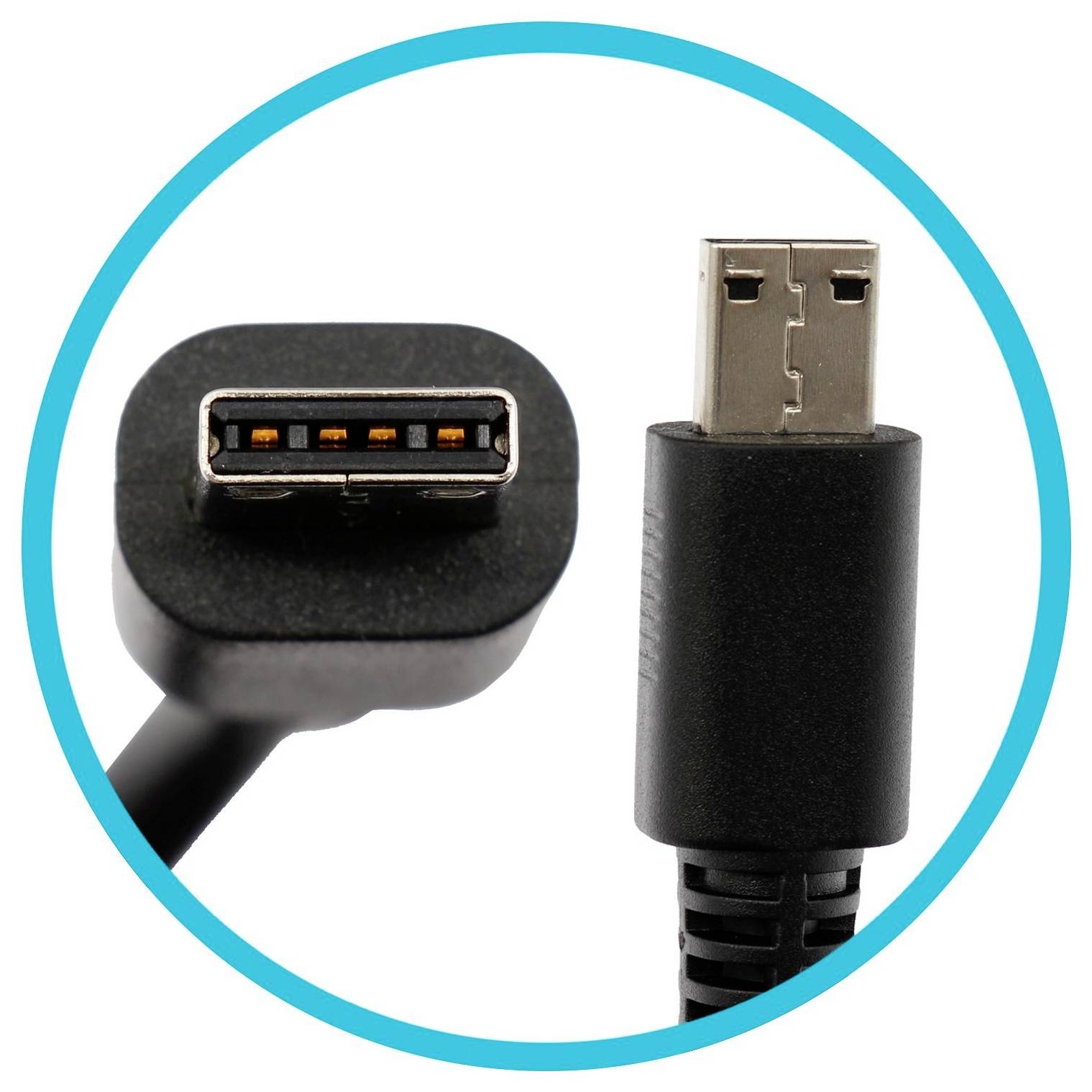 Nahaufnahme eines IEEE-1394 (FireWire) Kabels, das zwei Anschlüsse zeigt: einen mit einer flachen, breiten Buchse und den anderen mit einer kleineren quadratischen Buchse.