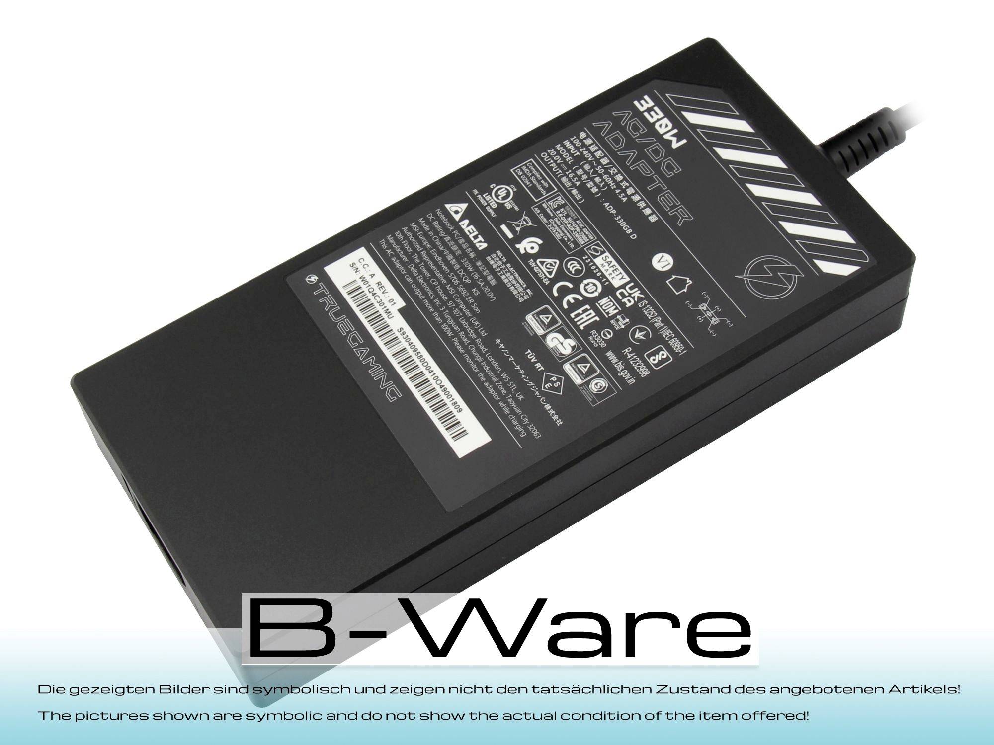 Schwarzer Netzadapter mit Stecker, versehen mit verschiedenen Zertifizierungen und technischen Spezifikationen, vor einem weißen Hintergrund dargestellt.