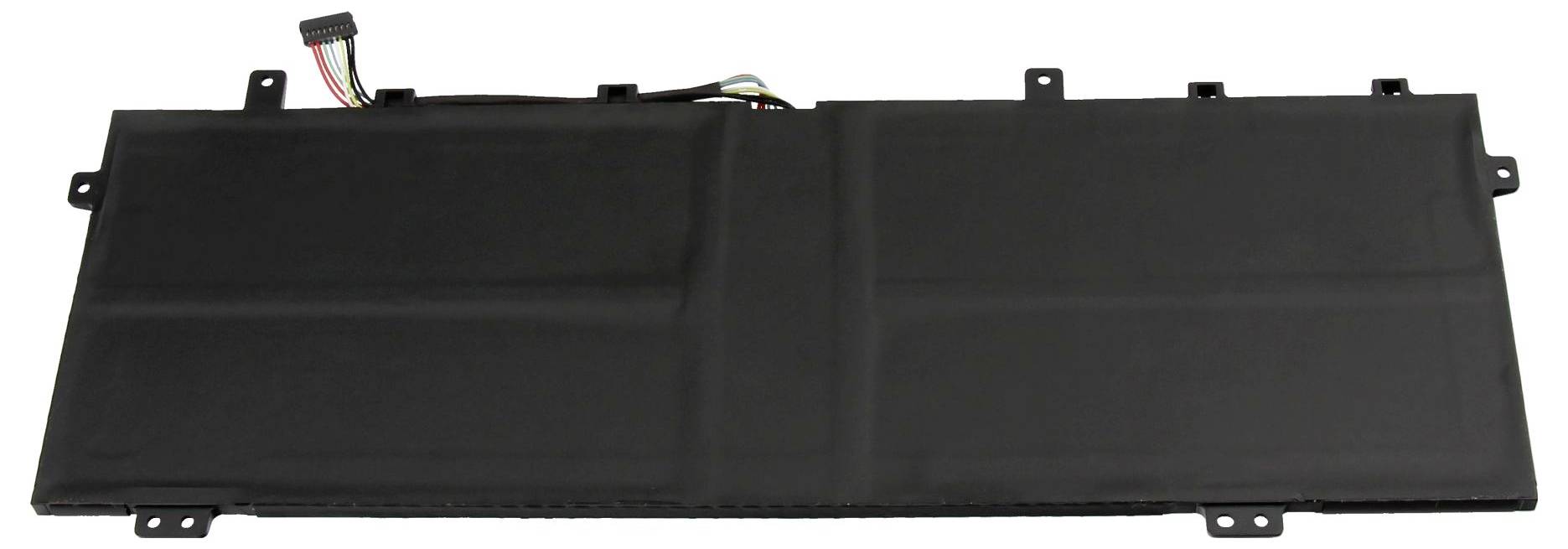 Rechteckiger schwarzer Laptop-Akku mit angeschlossenen mehrfarbigen Kabeln und Anschluss, von oben betrachtet.