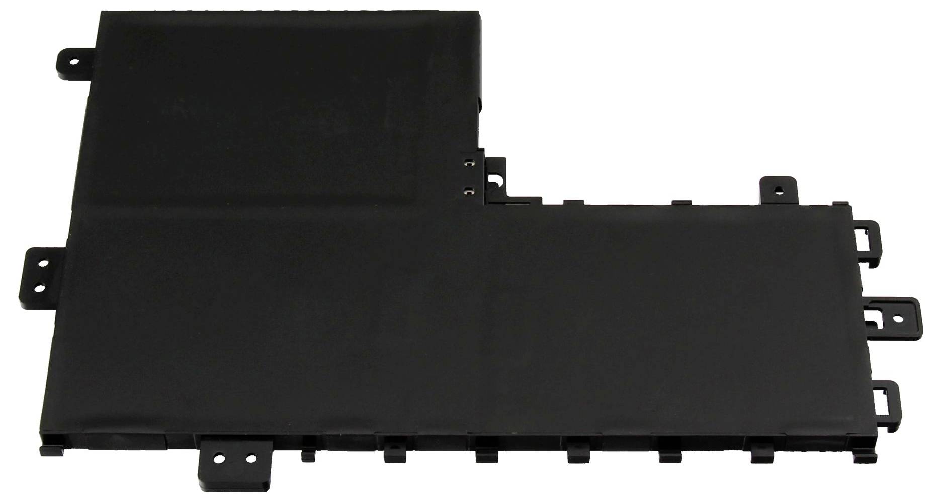 Eine schwarze Laptop-Batterie mit rechteckiger Form und mehreren Anschlüssen an einer Kante.