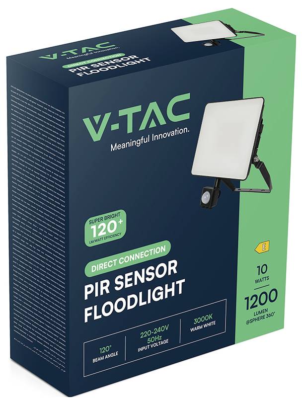 V-TAC PIR Sensor Flutlicht mit 120-Grad-Erkennungswinkel, 10 Watt, 1200 Lumen, warmweiß und energieeffizienter Konstruktion.