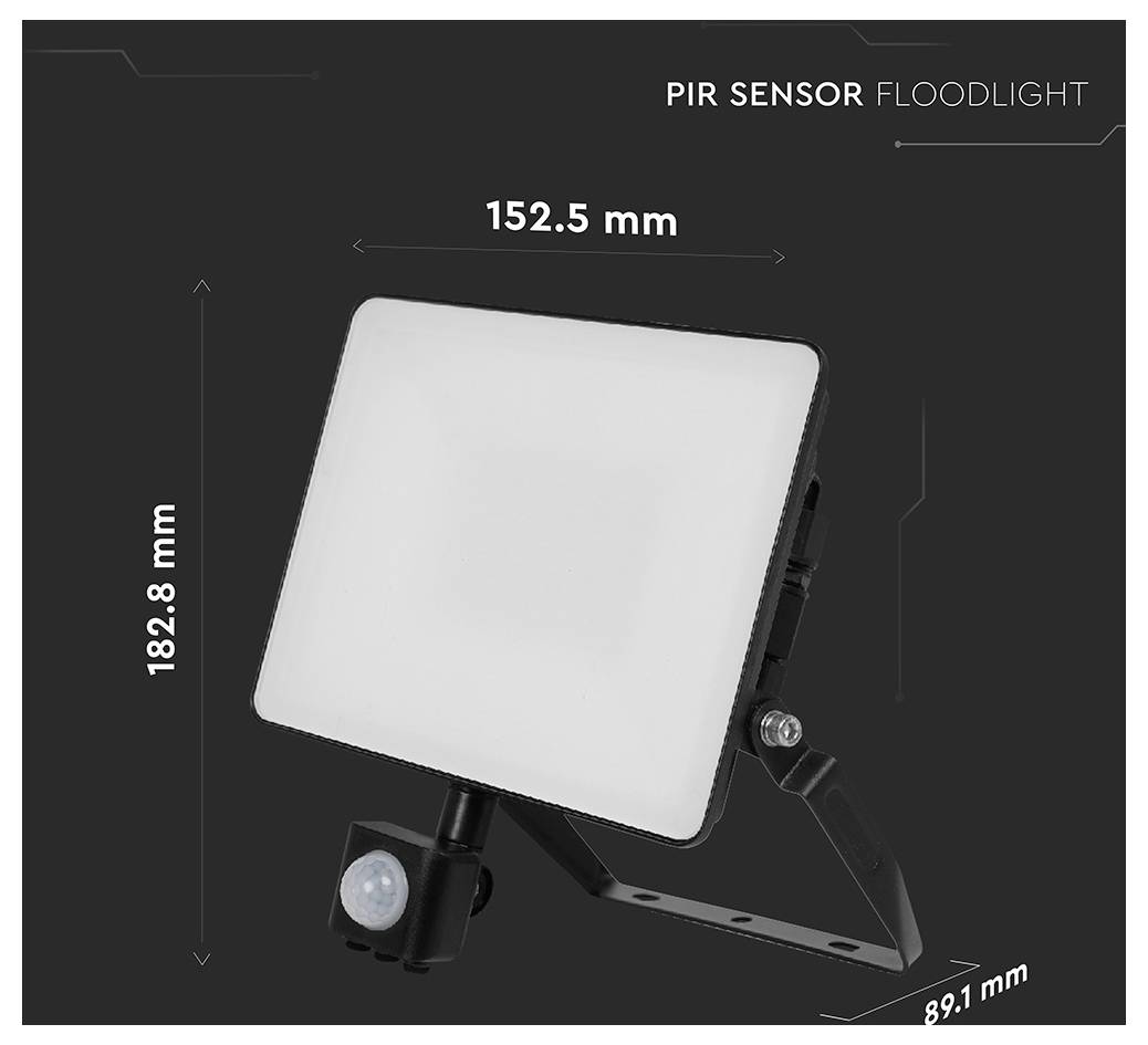PIR-Sensor-Flutlicht mit Abmessungen von 152,5 mm Breite, 182,8 mm Höhe und 89,1 mm Tiefe, präsentiert vor einem dunklen Hintergrund.