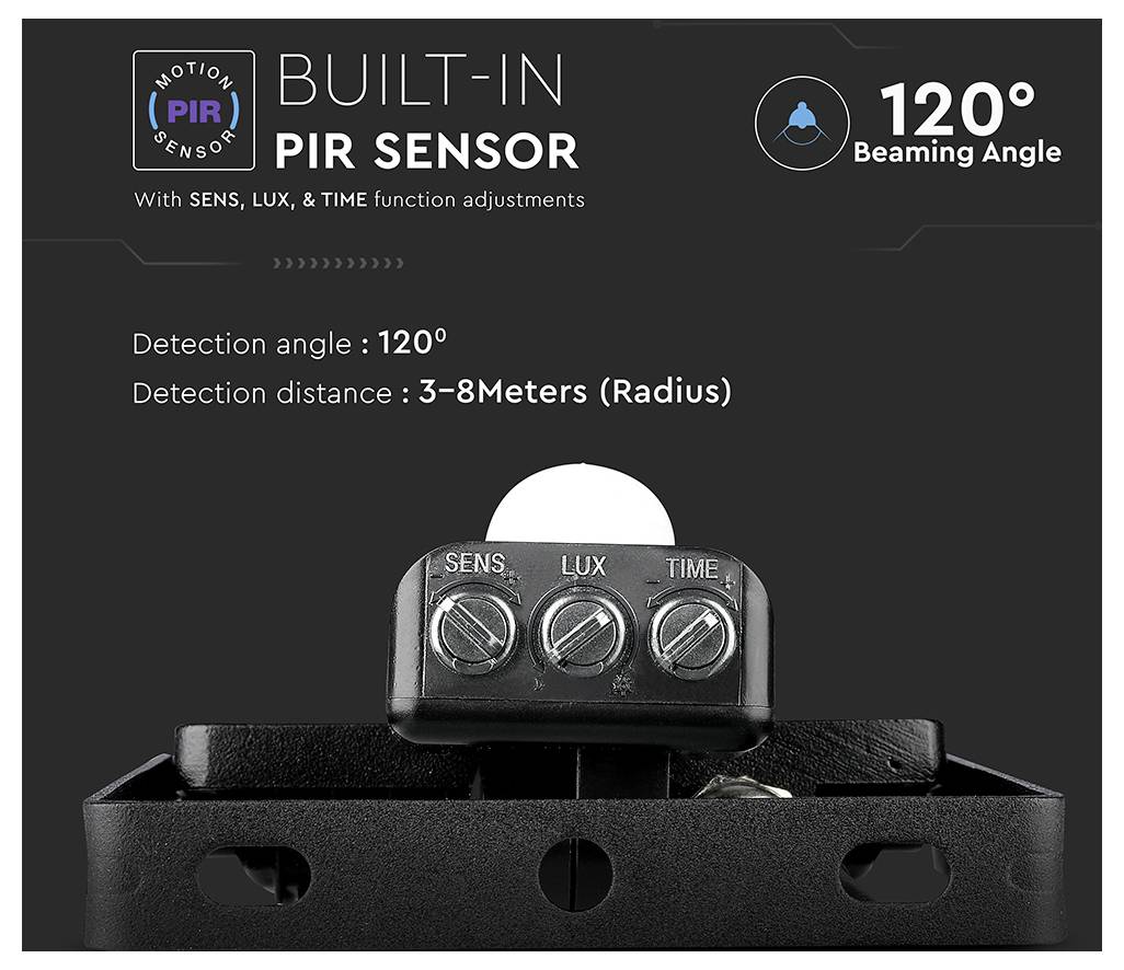 Eingebauter PIR-Sensor mit 120° Strahlungswinkel; einstellbare Parameter: SENS, LUX, TIME. Erfassungswinkel: 120°, Erkennungsdistanz: 3-8 Meter Radius.