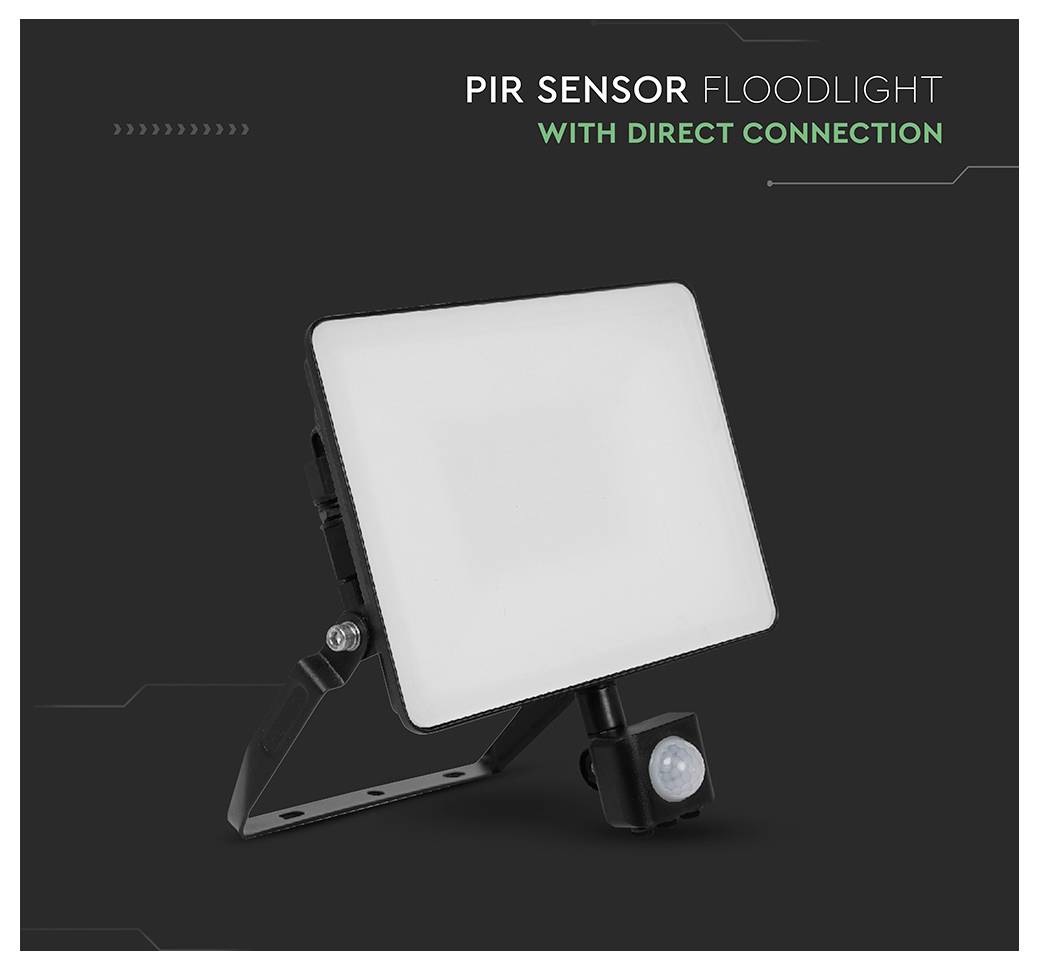 Eine rechteckige Flutlichtstrahler mit einem darunter angebrachten Bewegungsmelder (PIR-Sensor), der für die direkte Verbindung konzipiert ist, wird vor einem dunklen Hintergrund dargestellt.