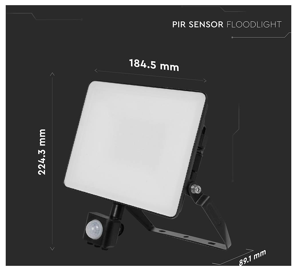 Eine rechteckige LED-PIR-Sensor-Flutlichtlampe mit Abmessungen: 184,5 mm Breite, 224,3 mm Höhe und 89,1 mm Tiefe, vor einem dunklen Hintergrund dargestellt.