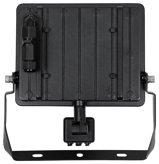 Ein schwarzes, an einem Halterungsbracket befestigtes Gerät mit geripptem Panel und Anschluss auf der linken Seite, offensichtlich für den Außen- oder industriellen Einsatz konzipiert.