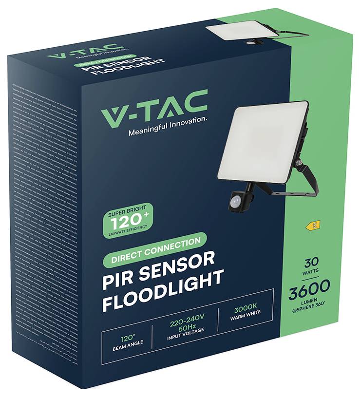 Eine V-TAC Flutlichtbox mit folgenden Merkmalen: PIR-Sensor, 30 Watt, 120° Abstrahlwinkel, 220-240V, 3000K warmweiß, 3600 Lumen, Direktanschluss.