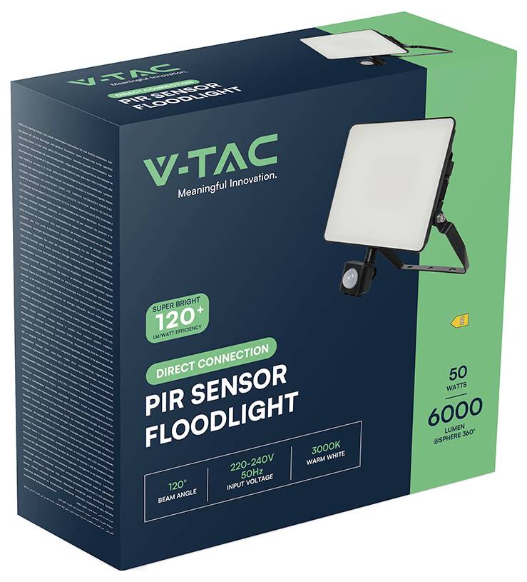 Verpackung des V-TAC PIR Sensor Flutlichts mit folgenden Merkmalen: 50 Watt, superbright mit 6000 Lumen, 120-Grad-Abstrahlwinkel und warmweiß 3000K.
